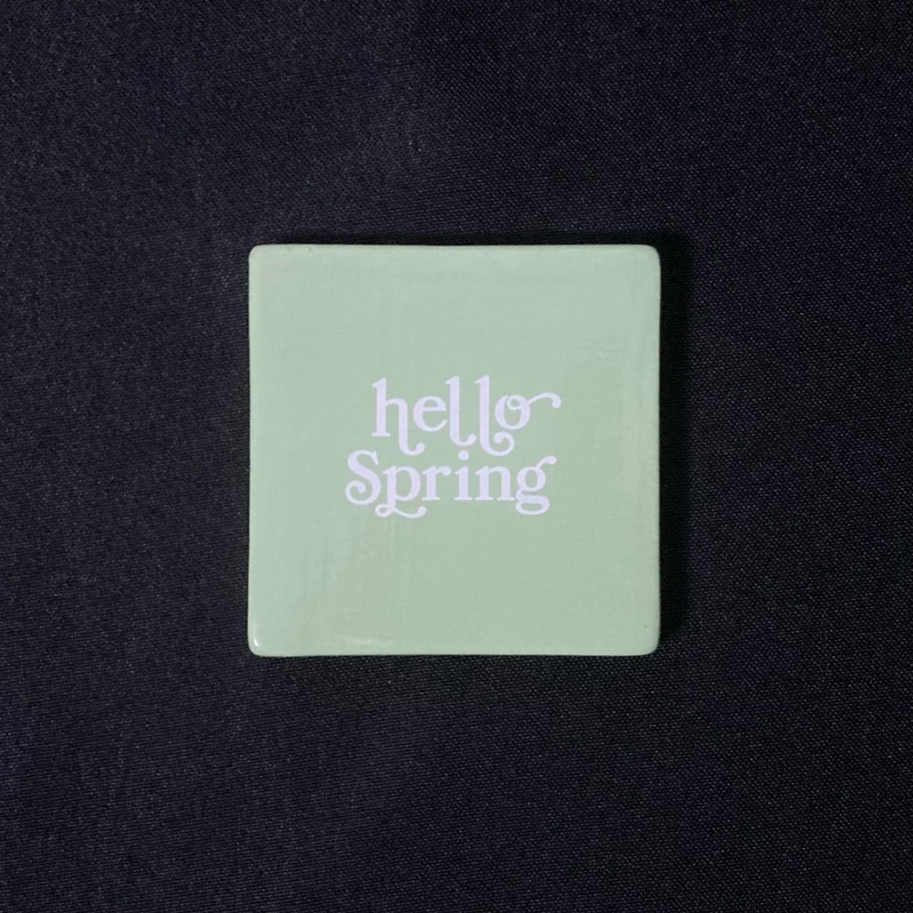 Square Ceramic Magnet 3” x 3” Green And White Hello Spring